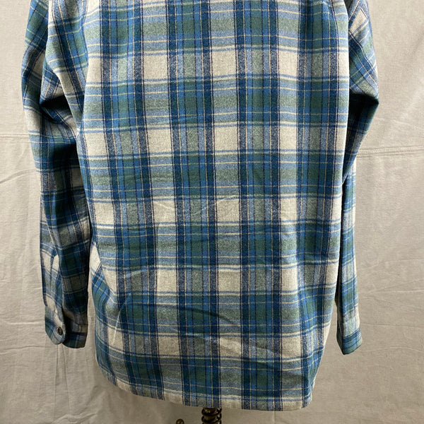 Lower Rear View of Vintage Pendleton Blue/Green Plaid Wool Flannel Shirt SZ L