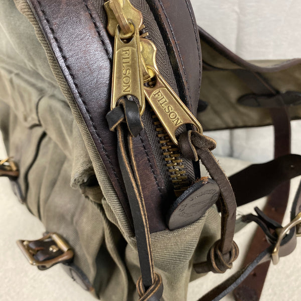 Filson YKK Zips on Filson Otter Green Rugged Twill Rucksack