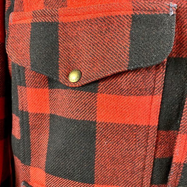 Pocket View on Vintage Union Made Filson Mackinaw Wool Cruiser Red and Black Buffalo Plaid