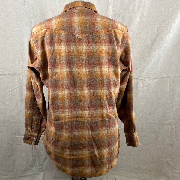 Rear View of Vintage Pendleton Brown/Orange Plaid High Grade Western Wear Flannel Shirt SZ L