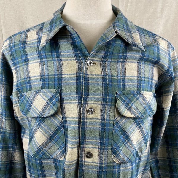 Upper Chest View of Vintage Pendleton Blue/Green Plaid Wool Flannel Shirt SZ L