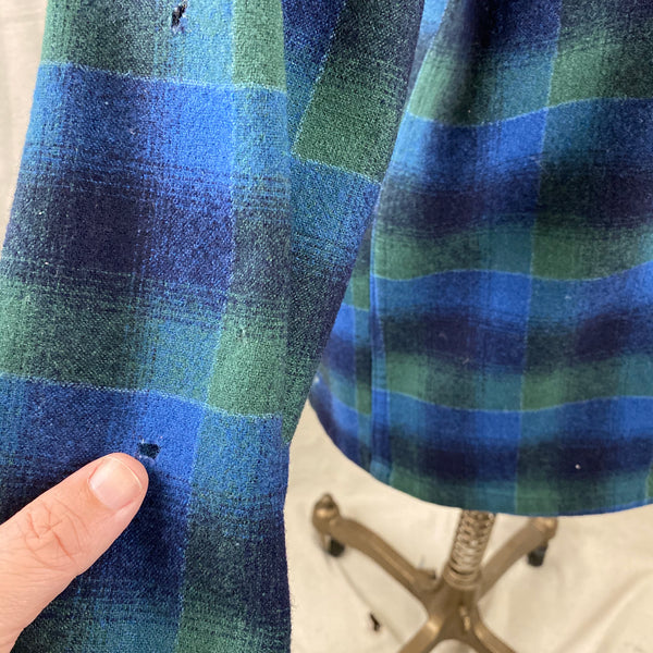 Hole Detail on Vintage Pendleton Blue & Green Shadow Plaid Wool Board Shirt SZ XL