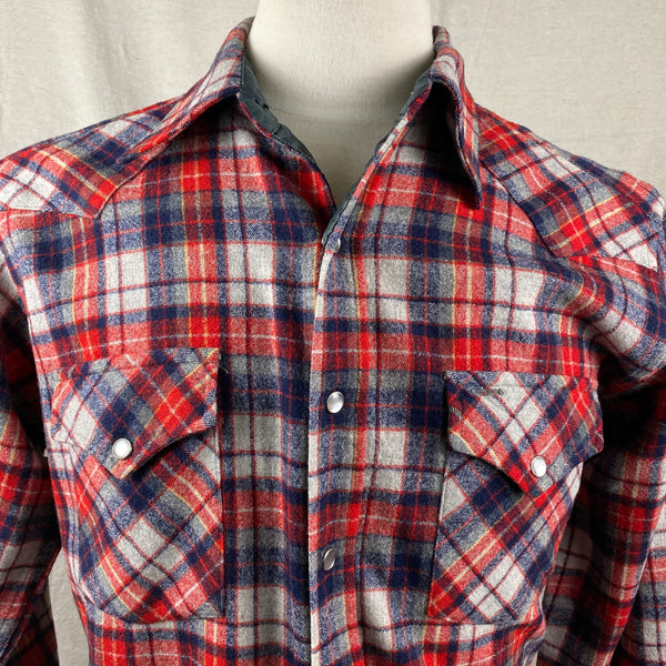 Front Upper Chest View of Vintage Pendleton Red & Blue Plaid High Grade Western Wear Flannel Shirt SZ L