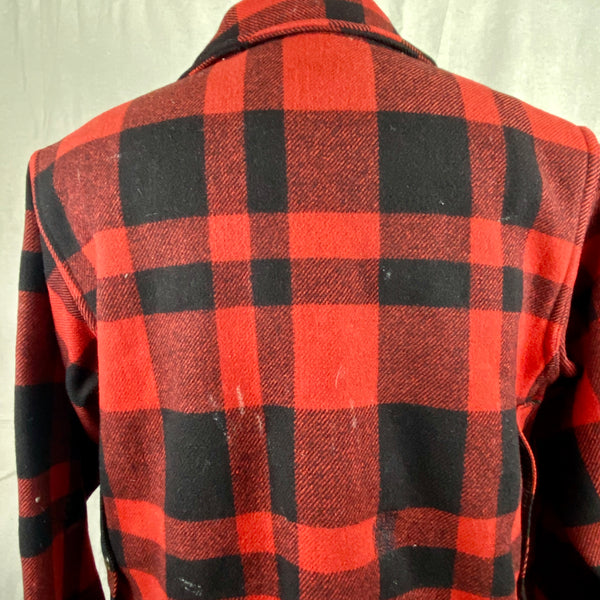 Upper Rear View on Vintage Union Made Filson Mackinaw Wool Cruiser Red and Black Buffalo Plaid