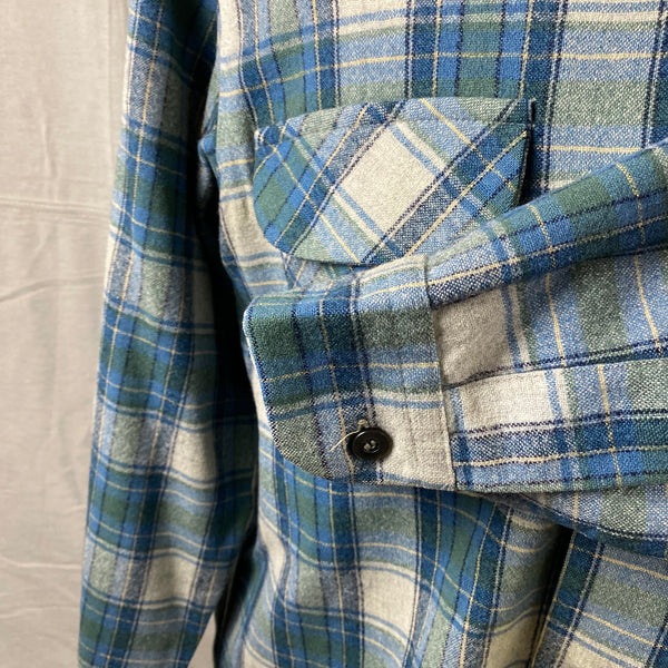 Left Cuff View of Vintage Pendleton Blue/Green Plaid Wool Flannel Shirt SZ L