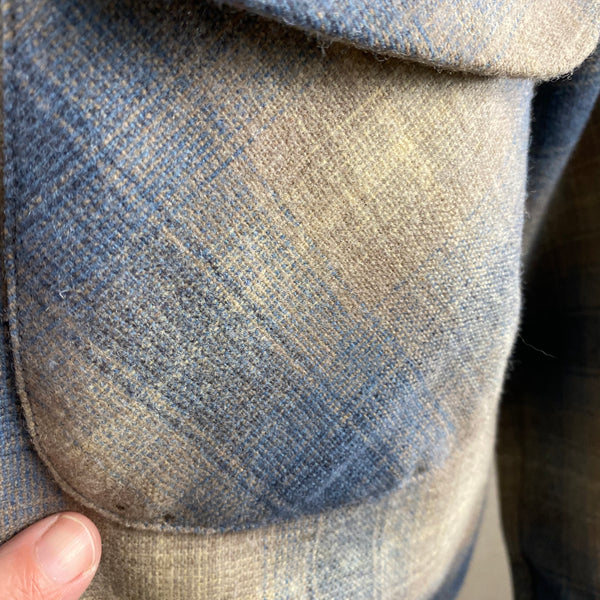 Holes By Pocket on Vintage Blue/Tan Pendleton Shadow Plaid Board Shirt SZ M