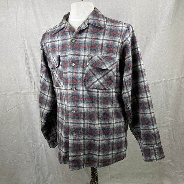 Left Angle View of Vintage Pendleton Grey & Red Plaid Wool Board Shirt SZ M