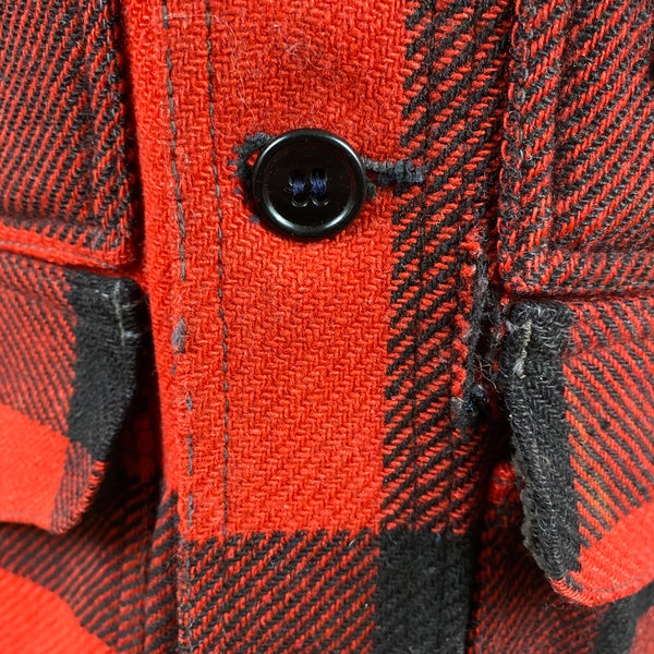 Close up of Small Hole on Vintage Union Made Filson Wool All Use Coat Wool Mackinaw