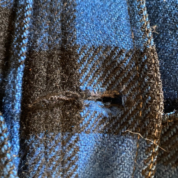 Button Hole Damage #3 on Vintage Union Made Cobalt Filson Mackinaw
