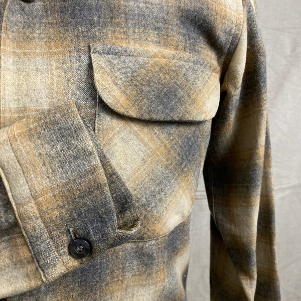 Right Cuff View of Vintage Pendleton Grey & Tan Shadow Plaid Wool Board Shirt SZ S