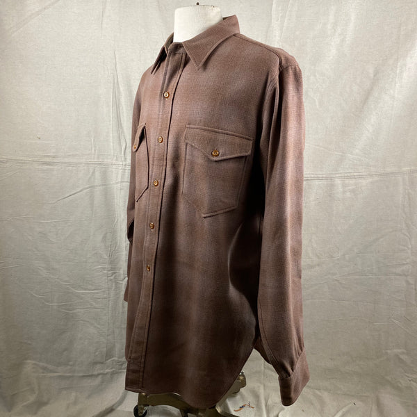 Left Angle View of Vintage 50s/60s Era Brown Pendleton Shadow Plaid Wool Flannel Shirt SZ 17