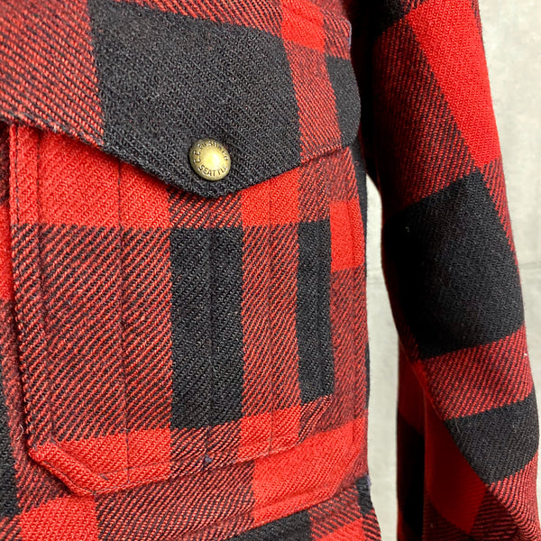 Left Upper Pocket View on Vintage Union Made Filson Mackinaw Wool Cruiser Red and Black Buffalo Plaid