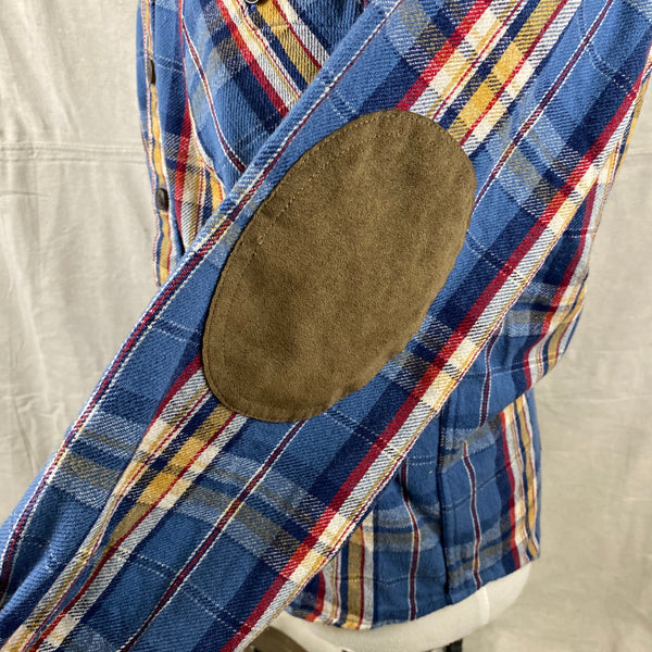 Left Patch View on Pendleton Blue Yellow Red Trail Shirt Wool Flannel Shirt SZ M