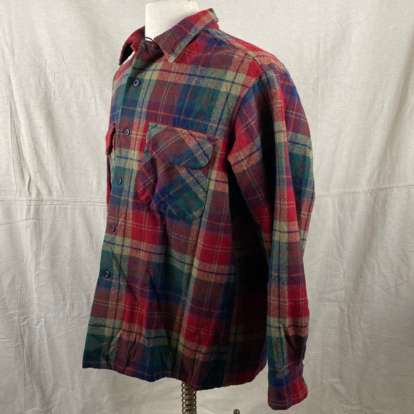Left Angle View of Pendleton Red Blue & Green Plaid Wool Board Shirt SZ XL