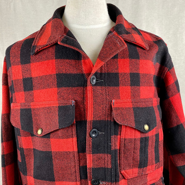 Collar View on Vintage Union Made Filson Mackinaw Wool Cruiser Red and Black Buffalo Plaid