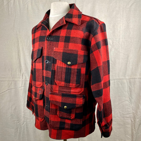 Left Angle View on Vintage Union Made Filson Mackinaw Wool Cruiser Red and Black Buffalo Plaid
