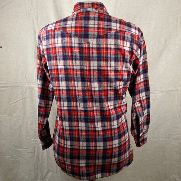 Rear View of Vintage Pendleton Red & Blue Plaid High Grade Western Wear Flannel Shirt SZ L