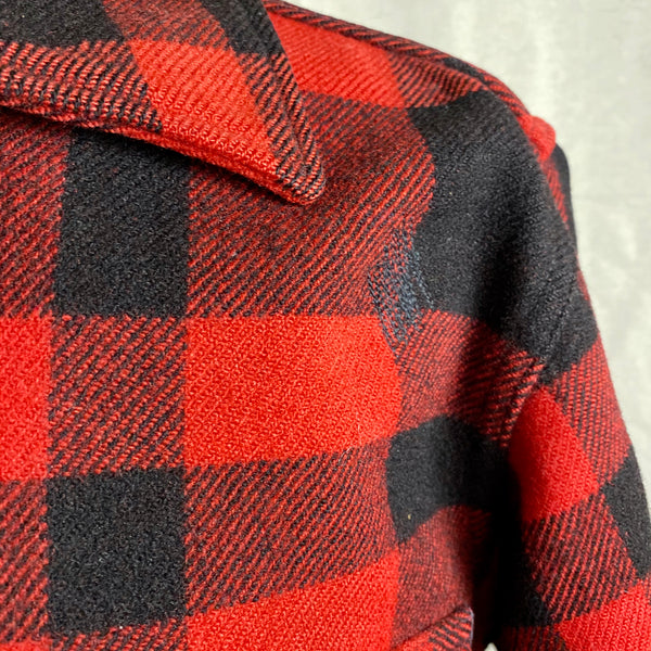 Left Shoulder Repair on Vintage Union Made Filson Mackinaw Wool Cruiser Red and Black Buffalo Plaid