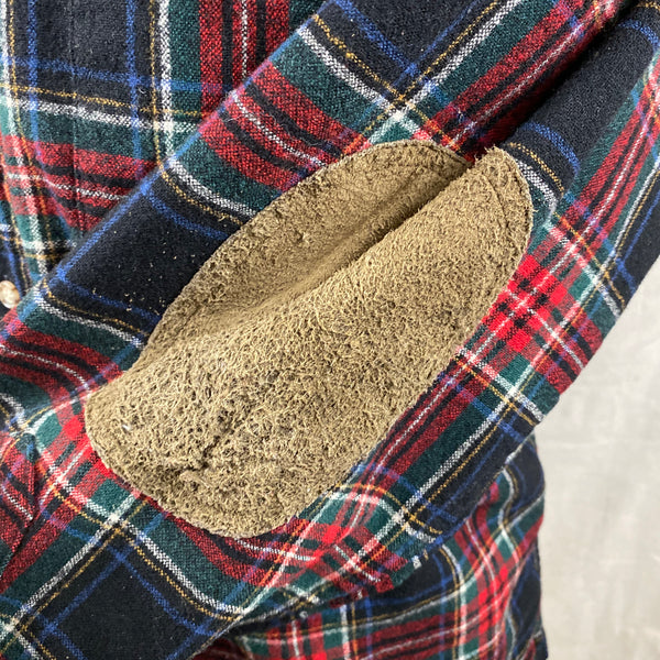 Left Elbow Patch View on Pendleton Black Stewart Tartan Trail Shirt Wool Flannel Shirt SZ L