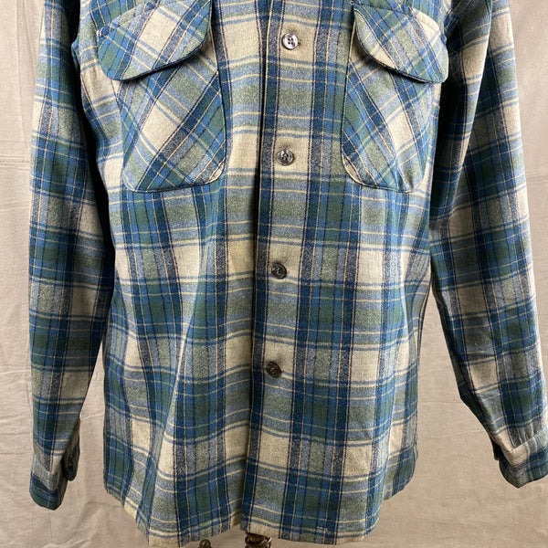Lower Front View of Vintage Pendleton Blue/Green Plaid Wool Flannel Shirt SZ L