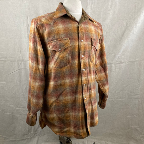 Right Angle View of Vintage Pendleton Brown/Orange Plaid High Grade Western Wear Flannel Shirt SZ L