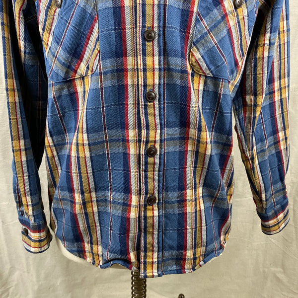 Lower Front View of Pendleton Blue Yellow Red Trail Shirt Wool Flannel Shirt SZ M