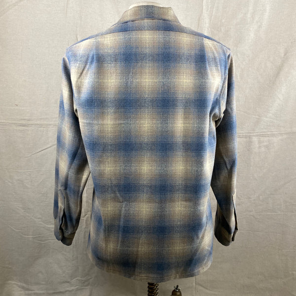 Rear View of Vintage Blue/Tan Pendleton Shadow Plaid Board Shirt SZ M