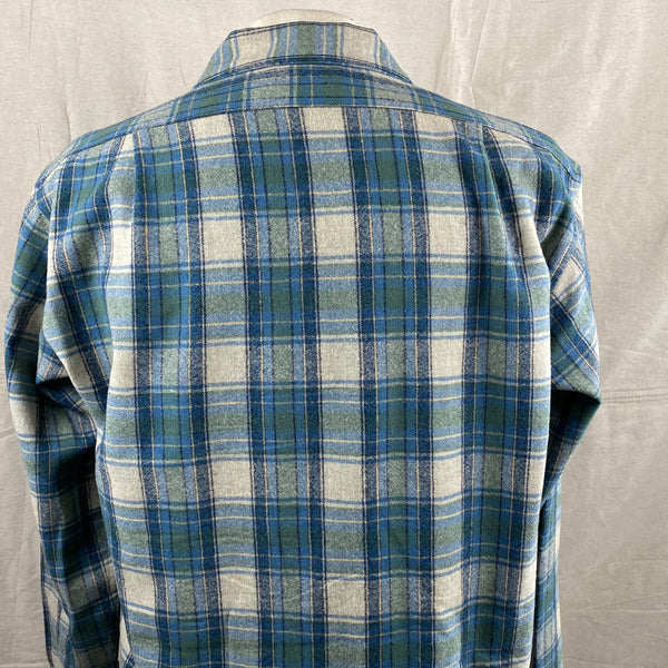 Upper Rear View of Vintage Pendleton Blue/Green Plaid Wool Flannel Shirt SZ L
