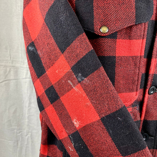Right Sleeve Paint Splatters on Vintage Union Made Filson Mackinaw Wool Cruiser Red and Black Buffalo Plaid