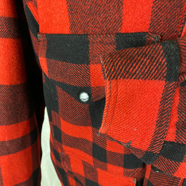 Left Pocket View of Union Made Buffalo Plaid Filson Mackinaw Cruiser