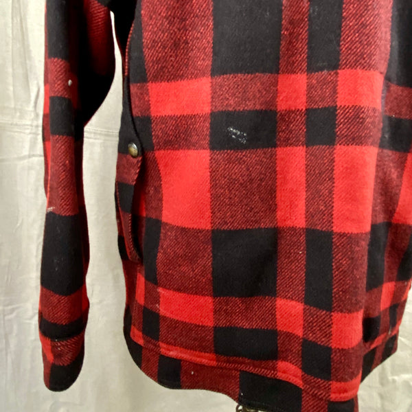 Rear Left View on Vintage Union Made Filson Mackinaw Wool Cruiser Red and Black Buffalo Plaid