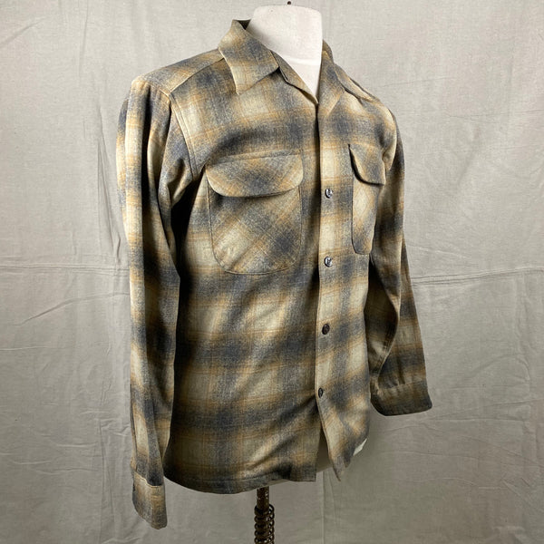 Right Angle View of Vintage Pendleton Grey & Tan Shadow Plaid Wool Board Shirt SZ S