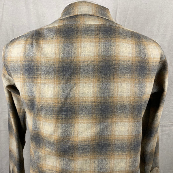 Upper Rear View of Vintage Pendleton Grey & Tan Shadow Plaid Wool Board Shirt SZ S