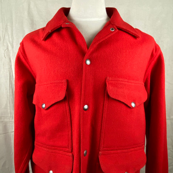 Upper Chest View of Vintage Union Made Filson Scarlet Cruiser Debossed Buttons