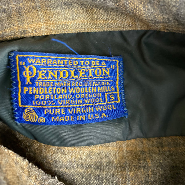 Tag View of Vintage Pendleton Grey & Tan Shadow Plaid Wool Board Shirt SZ S