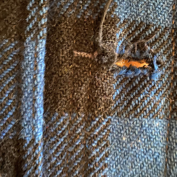 Button Hole Damage #2 on Vintage Union Made Cobalt Filson Mackinaw