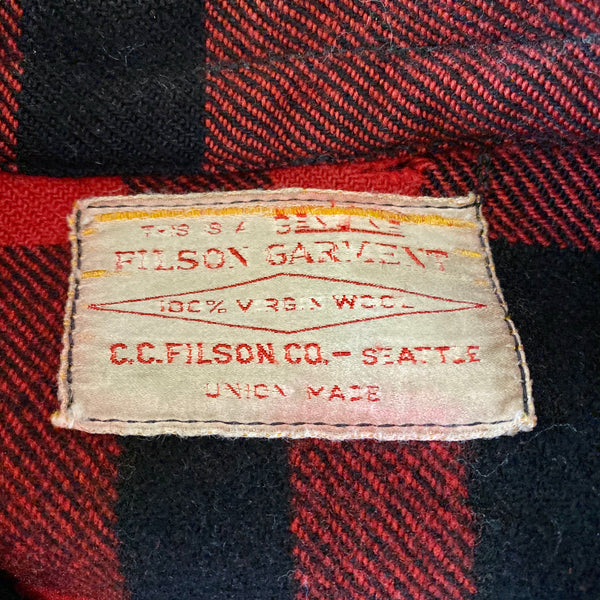 Sizing Tag on Vintage Union Made Filson Mackinaw Wool Cruiser Red and Black Buffalo Plaid