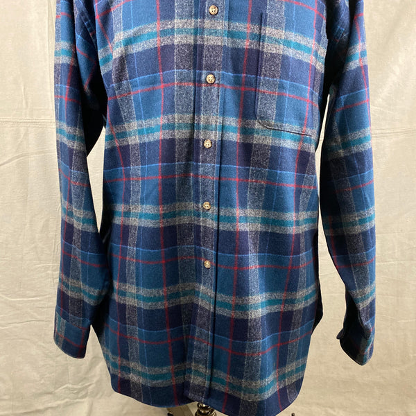 Lower Front View of Vintage Blue Plaid Pendleton Flannel Shirt SZ L