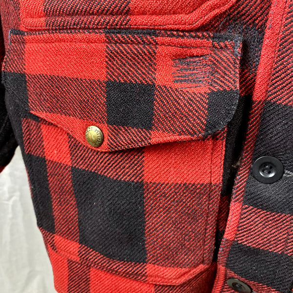 Repairs on Lower Right Pocket on Vintage Union Made Filson Mackinaw Wool Cruiser Red and Black Buffalo Plaid