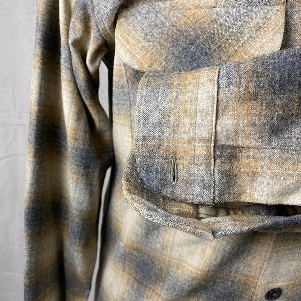 Left Cuff View on Vintage Pendleton Grey & Tan Shadow Plaid Wool Board Shirt SZ S
