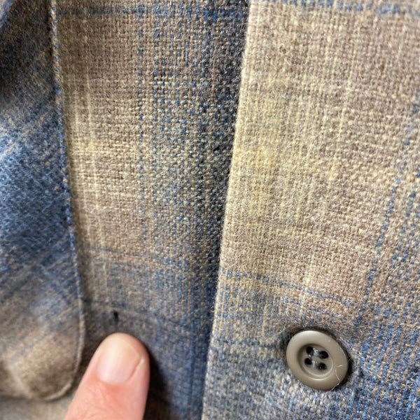 Hole By Pocket on Vintage Blue/Tan Pendleton Shadow Plaid Board Shirt SZ M