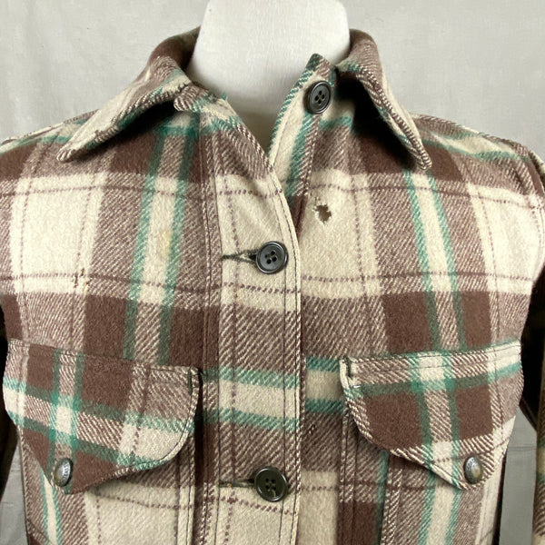 Front Upper Chest View with Moth Holes on Left and Right Side on Rare Vintage Union Made Filson Women's Mackinaw Cruiser