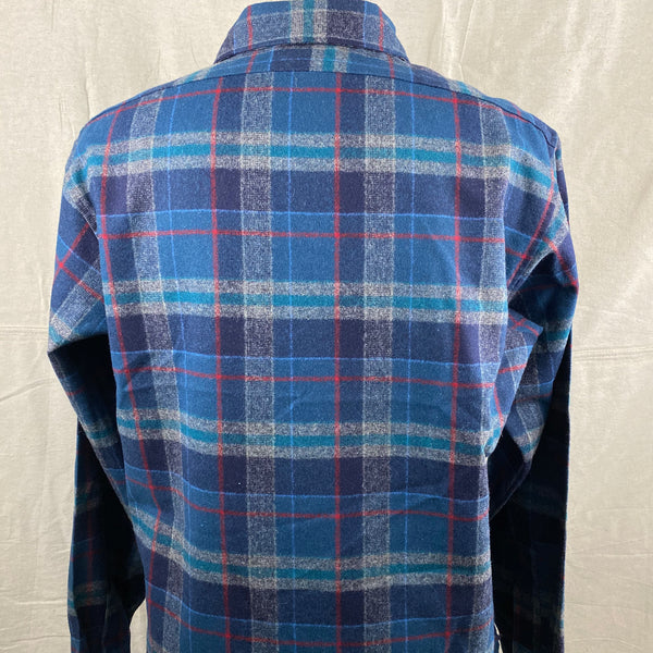 Upper Rear View of Vintage Blue Plaid Pendleton Flannel Shirt SZ L