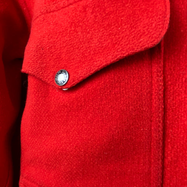 Upper Right Pocket View on Vintage Union Made Filson Scarlet Cruiser Debossed Buttons