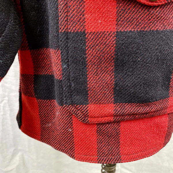 Lower Pocket View with Paint Splatters on Vintage Union Made Filson Mackinaw Wool Cruiser Red and Black Buffalo Plaid