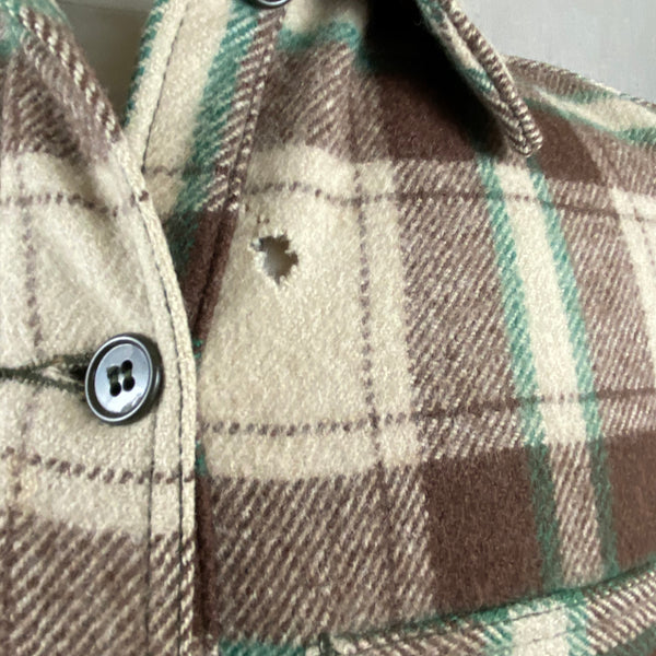 Close up of Moth Hole on Left Side of Upper Chest on Rare Vintage Union Made Filson Women's Mackinaw Cruiser