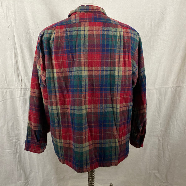 Rear View of Pendleton Red Blue & Green Plaid Wool Board Shirt SZ XL