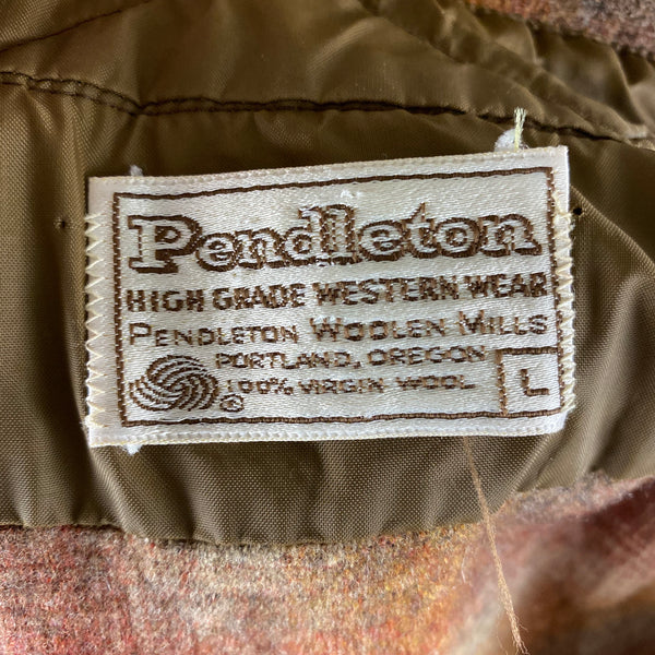 Tag View of Vintage Pendleton Brown/Orange Plaid High Grade Western Wear Flannel Shirt SZ L