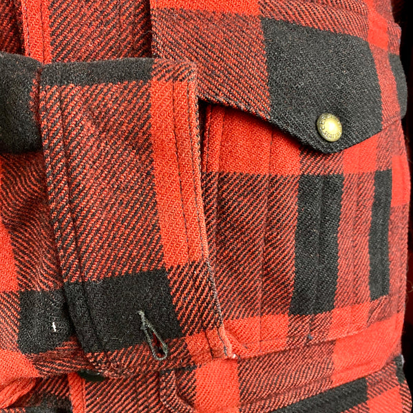 Right Cuff View on Vintage Union Made Filson Mackinaw Wool Cruiser Red and Black Buffalo Plaid