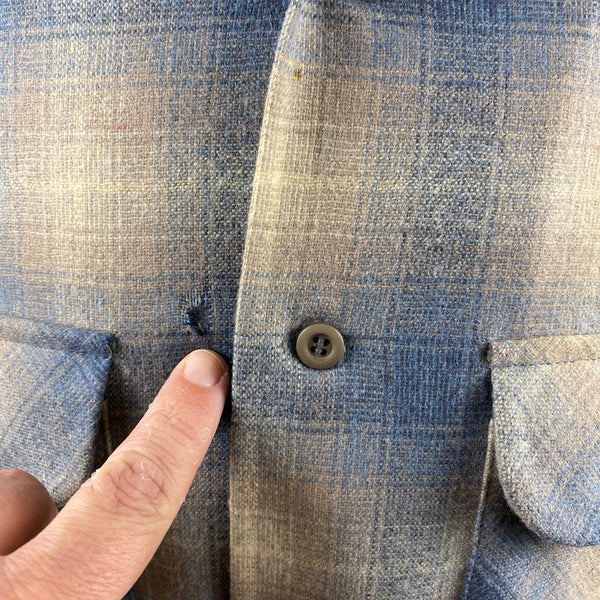Hole by Button on Vintage Blue/Tan Pendleton Shadow Plaid Board Shirt SZ M